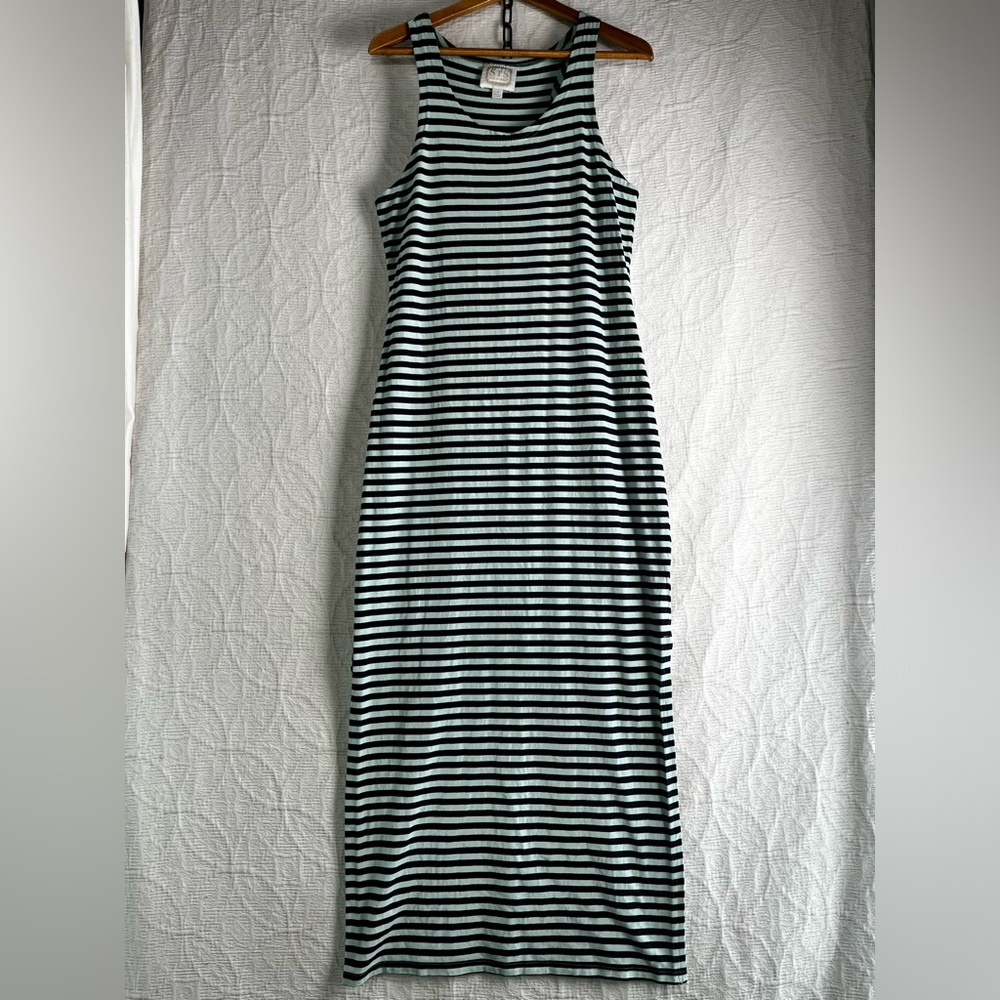 Sail To Sable Women Medium M Maxi Tank Dress Teal Blue Stripe Cotton Nautical
